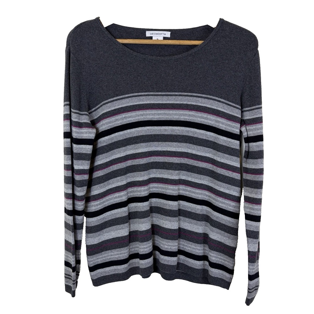 Liz Claiborne Woman's Sweater Size L Navy Blue Stripe Dark Academia Preppy